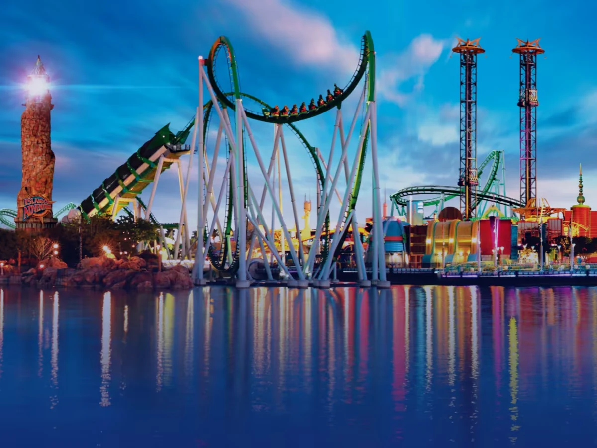 Universal Orlando Islands of Adventure roller coaster at night