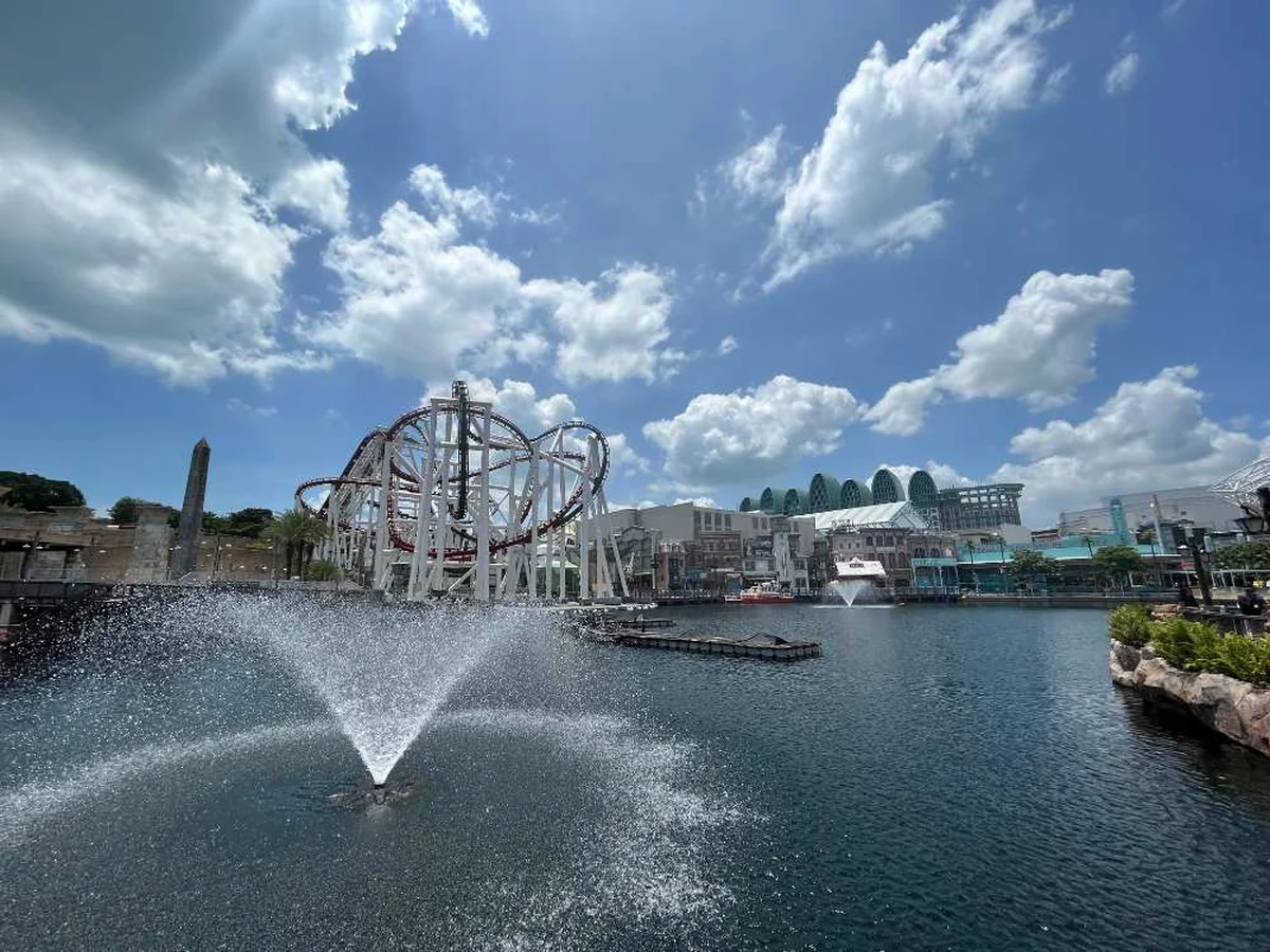 Universal Studios Singapore lagoon and roller coaster view