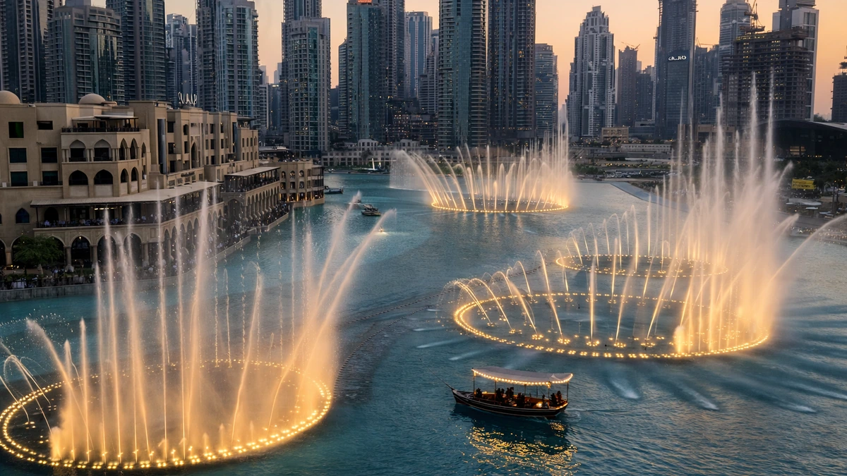 Dubai Fountain show in Downtown Dubai with water jets, skyline lights, and a traditional lake boat