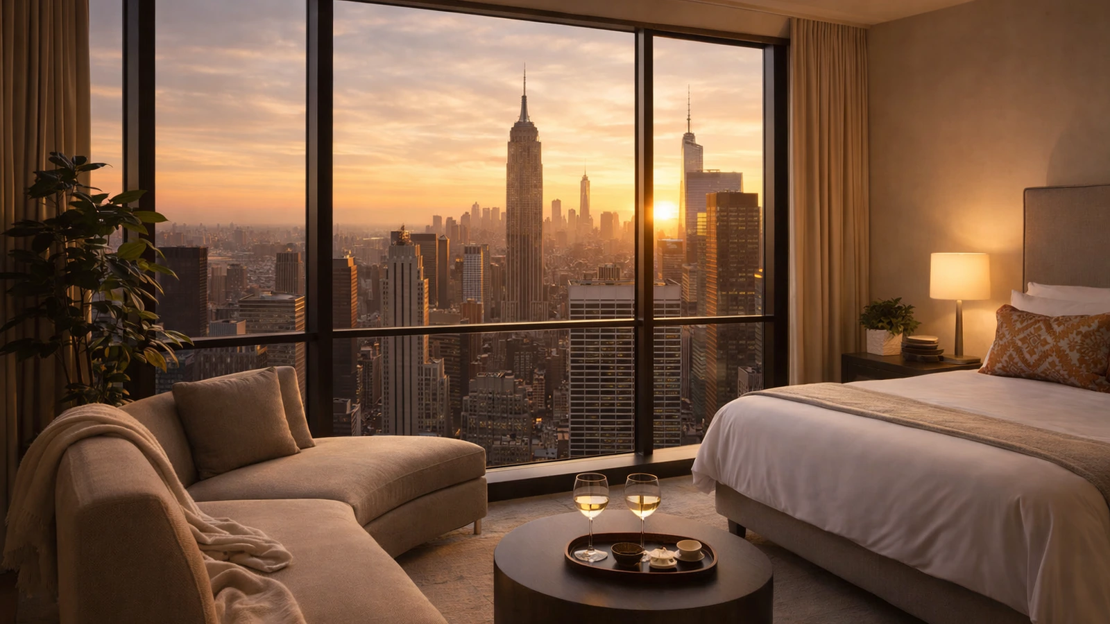 Luxury hotel room with skyline view in New York at sunset