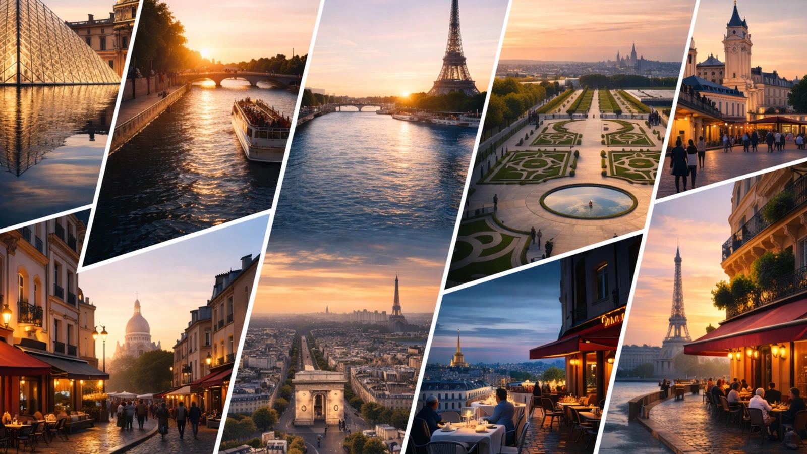 Paris itinerary planning collage featuring Eiffel Tower, Louvre, Seine cruise and Montmartre