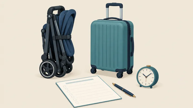 Folded stroller, carry-on suitcase, blank planning checklist, pen and clock for family travel planning in Paris.
