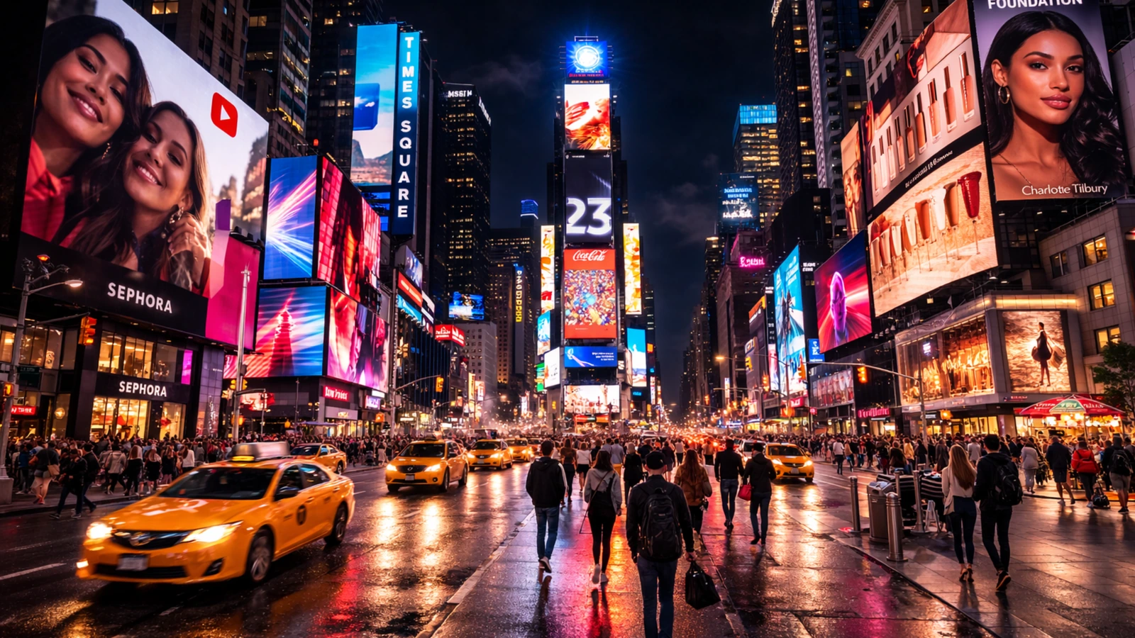 Times Square at night with glowing billboards, pedestrians, and yellow taxis in a realistic street scene