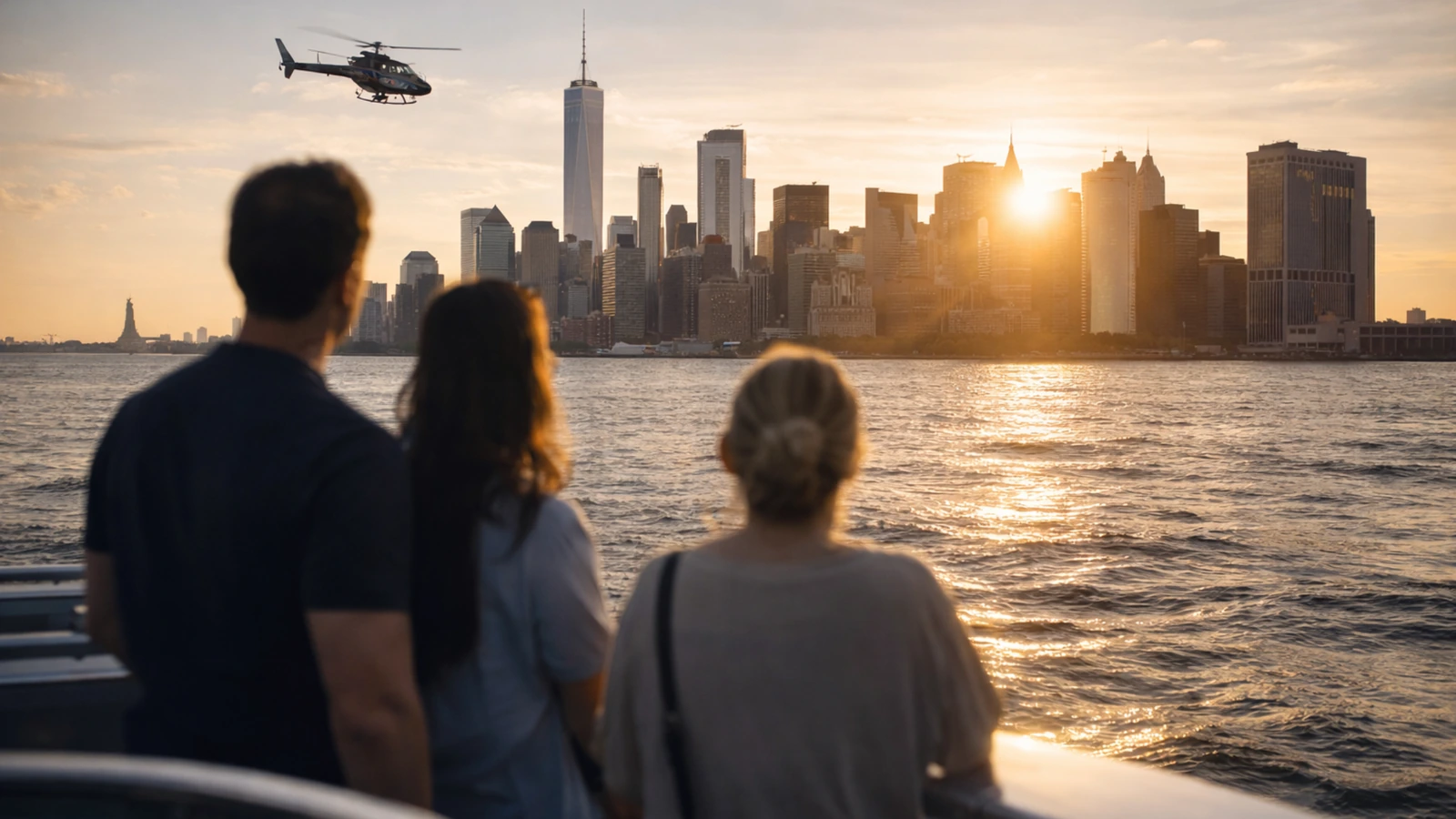 New York skyline with a helicopter in the distance in realistic daylight conditions