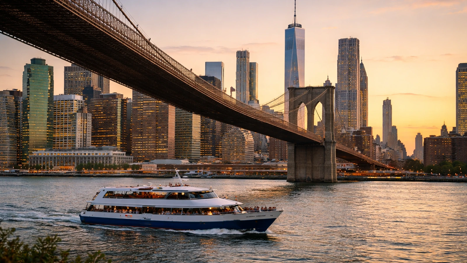New York City skyline at golden hour with the Statue of Liberty and Lower Manhattan in the distance, creating a strong sense of travel intention