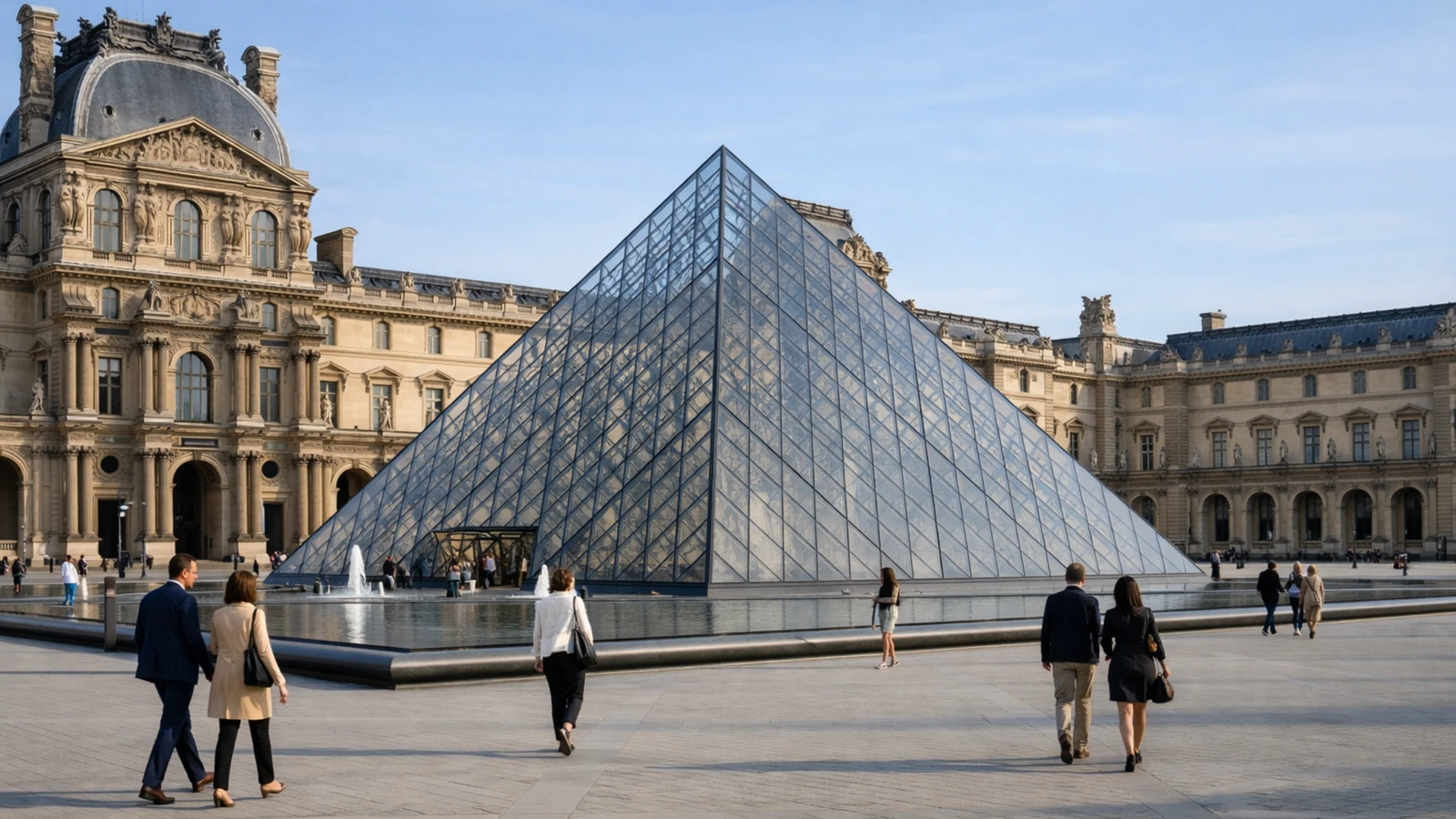 Louvre Pyramid in Paris with visitors walking across the courtyard on a clear day