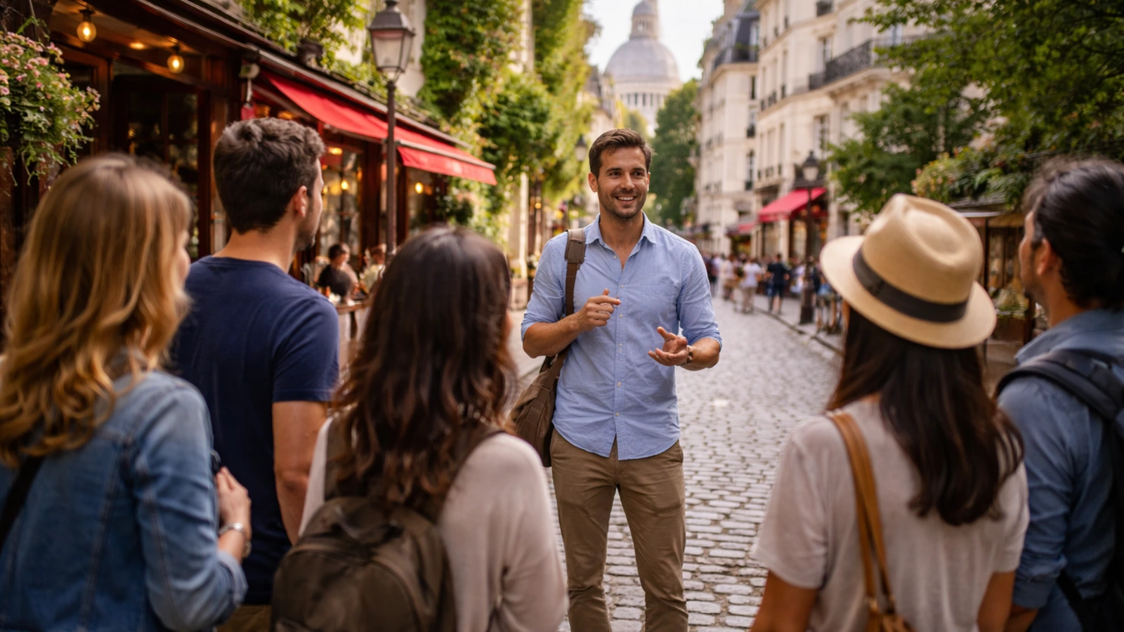 Local tour guide explaining history to a small group on a cobblestone street in Paris