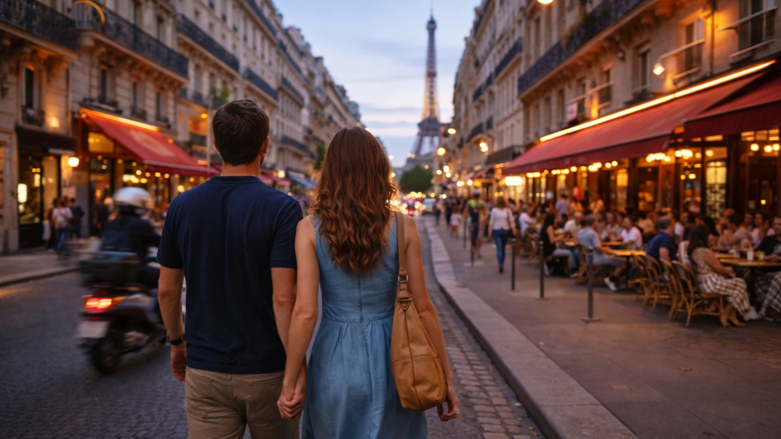 Couple walking through a lively Paris street at blue hour with the Eiffel Tower in the background