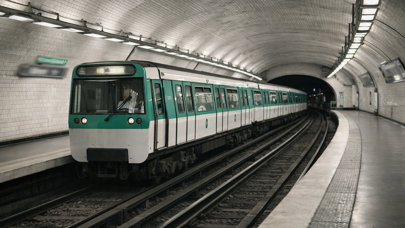 Green Paris metro train inside a curved tiled underground station, illustrating metro passes like Navigo and Paris Visite, no people